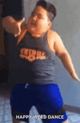 a fat boy in a tank top and blue shorts is dancing with the words happy weed dance written below him .
