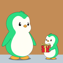 a penguin giving another penguin a gift