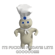 a pillsbury dough boy is wearing a chef 's hat and a chef 's scarf .