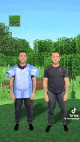 two men standing next to each other in front of a minecraft map