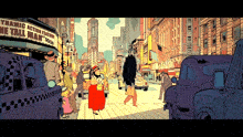 a cartoon drawing of a city street with a sign that says dynamic action feature one tall man soon