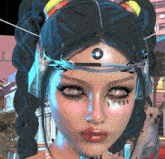 a close up of a woman 's face with a circle on her head