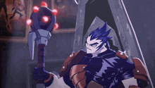 a cartoon character is holding a sword with red eyes