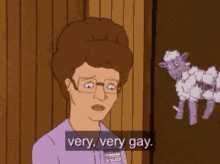 a cartoon character says very very gay next to a sheep