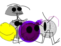 a group of cartoon characters including a purple ball
