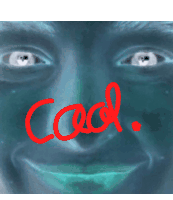 a close up of a person 's face with the word cool in red