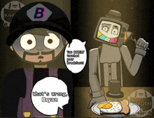 a cartoon character with the letter b on his head