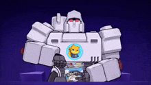 a cartoon drawing of a robot holding a container of ice cream