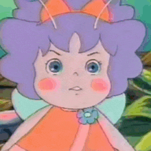 a little girl with purple hair and a flower in her hair is making a funny face
