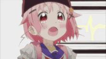 a girl with pink hair and red eyes is wearing a school uniform and a backpack .