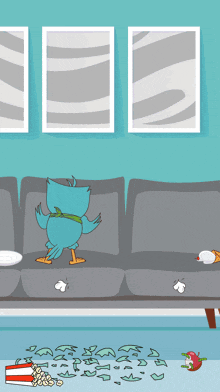 a cartoon drawing of a bird standing on a couch