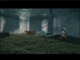 a video game screen shows a man holding a sword and the words true