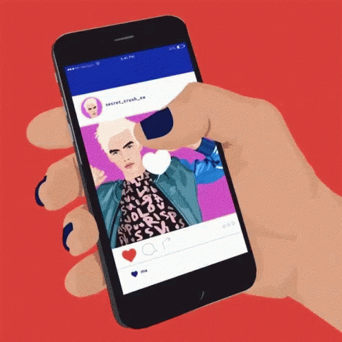 GIF animation of a person holding a phone double tapping a photo on social media