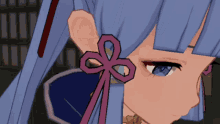 a close up of a blue haired anime girl with a pink bow in her ear