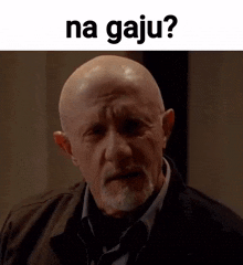 a bald man with a beard is making a funny face with the words `` na gaju '' above him .