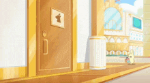 a cartoon rabbit is standing in front of a building with a sign on the door that says rabbit .