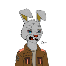 a drawing of a rabbit with a brown jacket that says mesa rabbit
