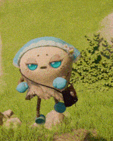 a cartoon character with blue eyes is standing in the grass .