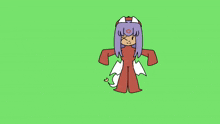 a cartoon drawing of a girl with purple hair and white wings on a green background