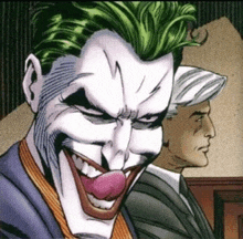 a comic book character named the joker is smiling with his tongue out