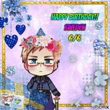 a picture of a boy with a flower crown and the words happy birthday sweden