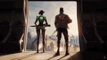 a man and a woman are standing next to each other in front of a window