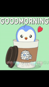 a penguin is in a cup of coffee with the words good morning written above it