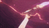a person is holding a sword in a purple background
