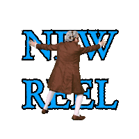 a man in a brown coat is standing in front of a sign that says " new reel "