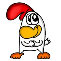 a cartoon chicken with a red comb and orange feet