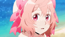 a girl with pink hair and red eyes is wearing a pink flower headband