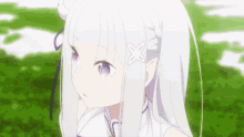 a girl with white hair and purple eyes has an x in her hair