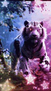 a white tiger in a futuristic outfit is walking through a purple forest