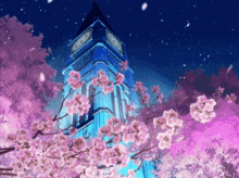 a clock tower surrounded by pink flowers and snow