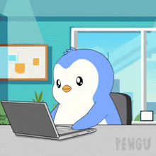 a cartoon penguin is sitting at a desk with a laptop