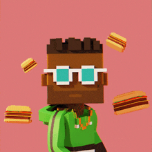 a pixel art of a man holding a hamburger with a speech bubble saying burger day