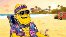 a cartoon character is sitting on a beach wearing sunglasses and a bandana .
