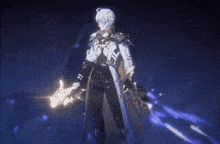 a man in a long coat is holding a sword in his hand in a dark room .