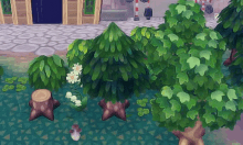 a video game scene with trees and stump stars and flowers