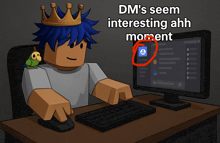 a cartoon character with a crown on his head is using a computer