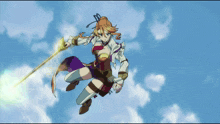 a cartoon character is flying through the air with a sword in her hand