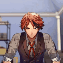 a man with red hair wearing a vest and tie