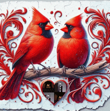 a painting of two red cardinals sitting on a branch with a heart in the middle