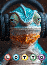 a chameleon wearing headphones with the letters lotto on its chest