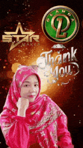 a woman wearing a red hijab is standing in front of a thank you sign .