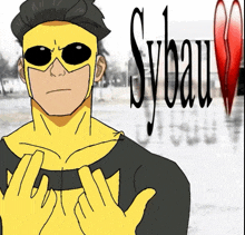 a cartoon of a man in a yellow superhero costume with sybau written in black letters
