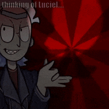 a cartoon character with blue eyes is standing in front of a red background with the words `` thinking of luciel '' written on it .