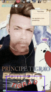 a screenshot of principe tigrao 's face with a bear in the background