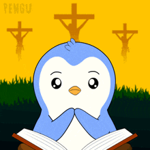 a penguin is reading a book with three crosses in the background and the name pengu on the bottom