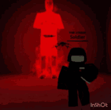 a soldier is standing next to another soldier in a dark room .